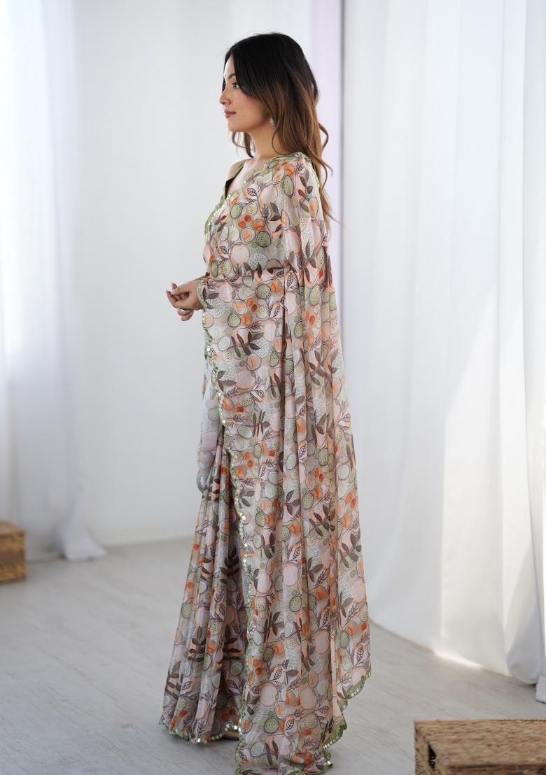 Off White Printed Chinon Saree Set - Indya