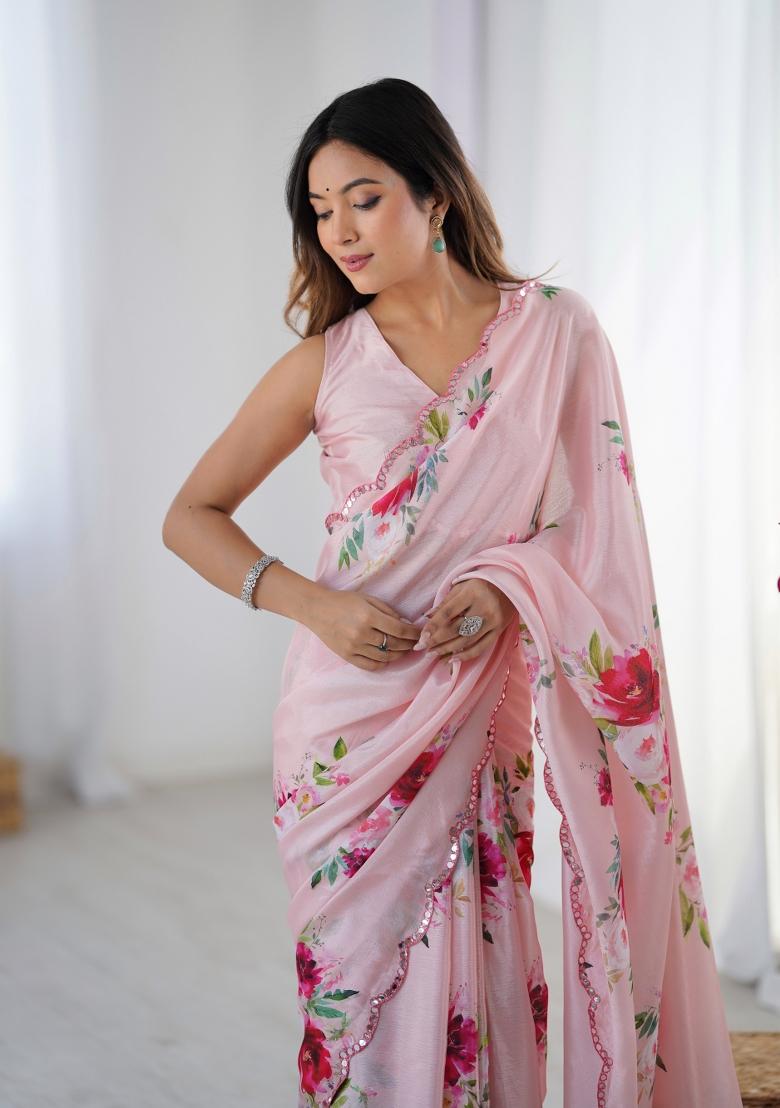 Pink Printed Chinon Saree Set - Indya