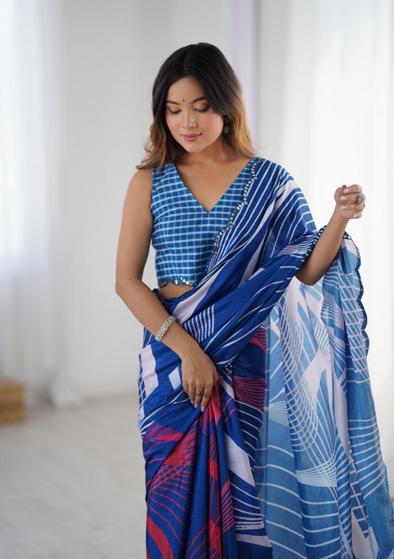 Blue Printed Chinon Saree Set - Indya