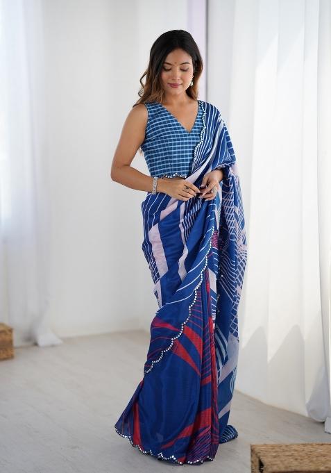 Blue Printed Chinon Saree Set