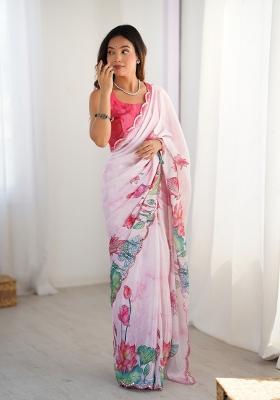 Off White Printed Chinon Saree Set