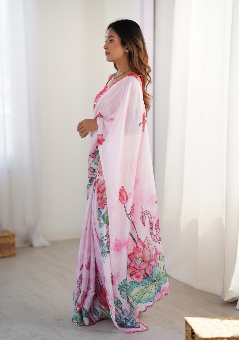 Off White Printed Chinon Saree Set - Indya