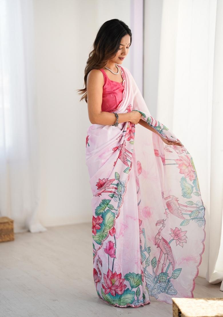 Off White Printed Chinon Saree Set - Indya