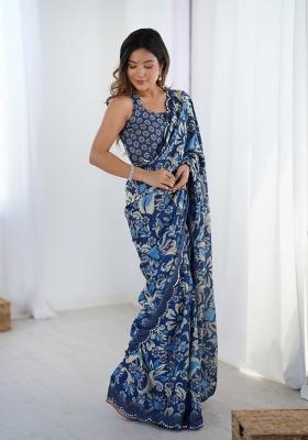 Blue Printed Chinon Saree Set