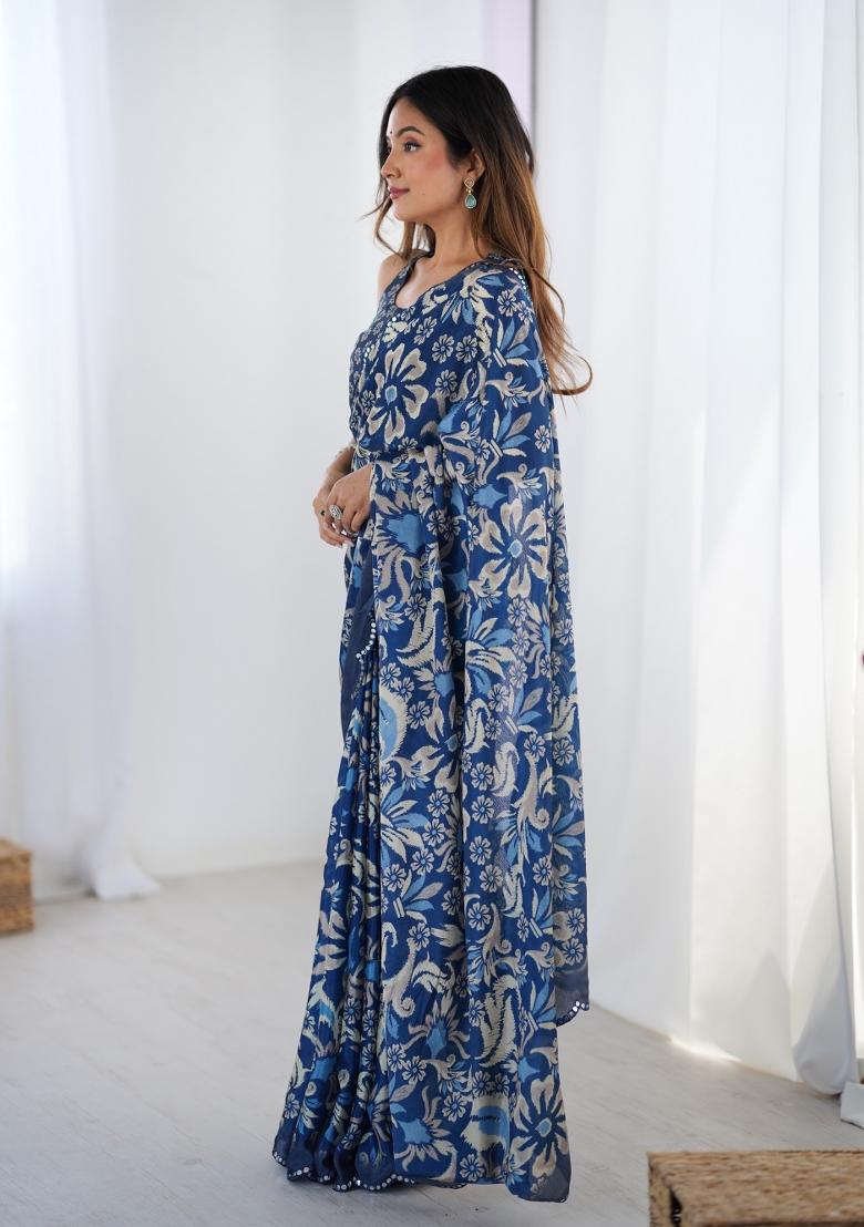 Blue Printed Chinon Saree Set - Indya