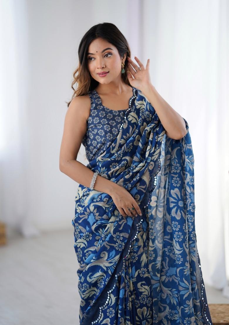 Blue Printed Chinon Saree Set - Indya