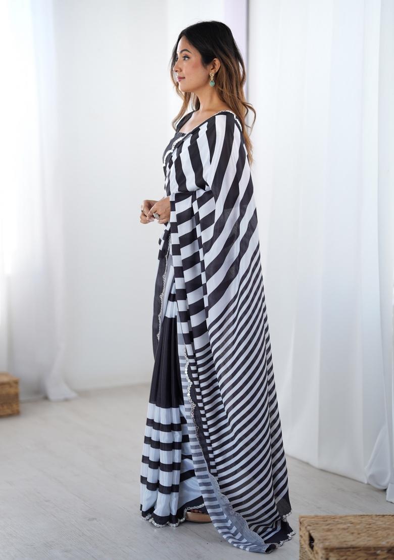 Black Printed Chinon Saree Set - Indya