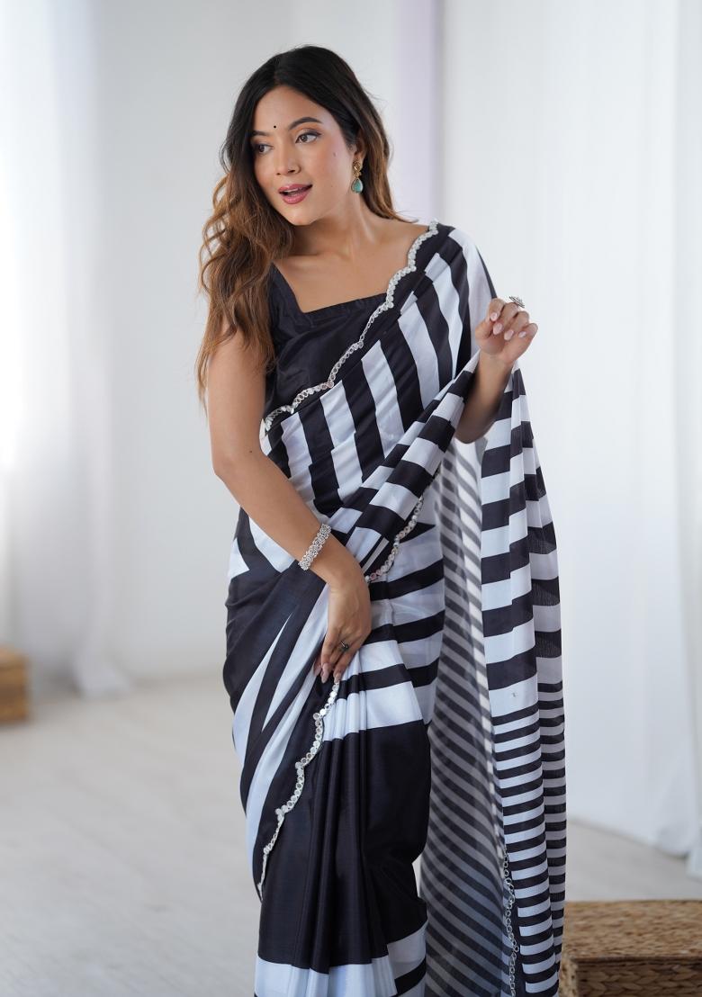 Black Printed Chinon Saree Set - Indya