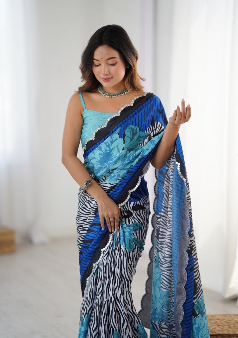 Blue Printed Chinon Saree Set - Indya