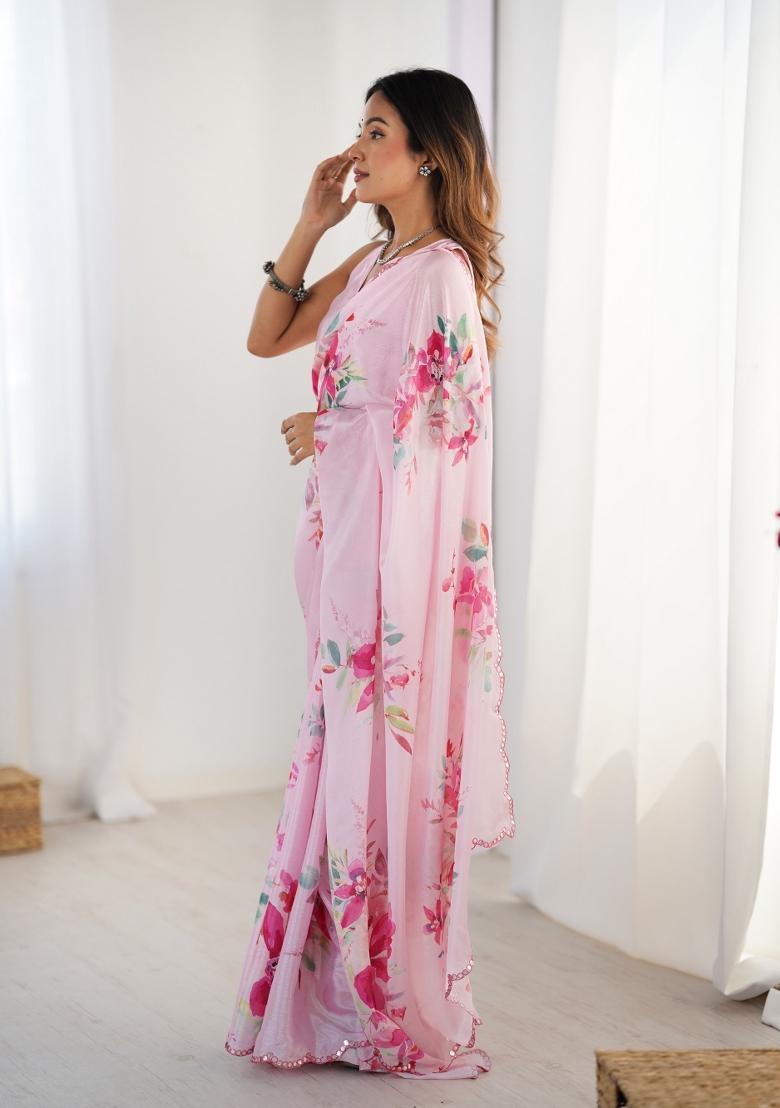 Pink Printed Chinon Saree Set - Indya