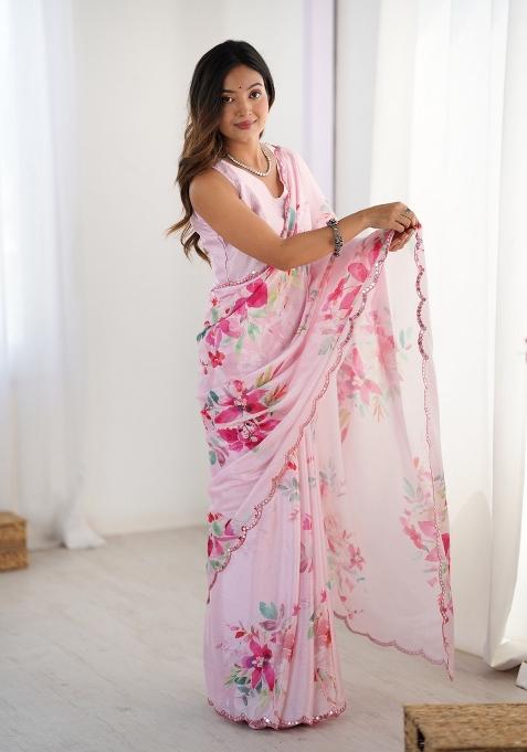 Pink Printed Chinon Saree Set
