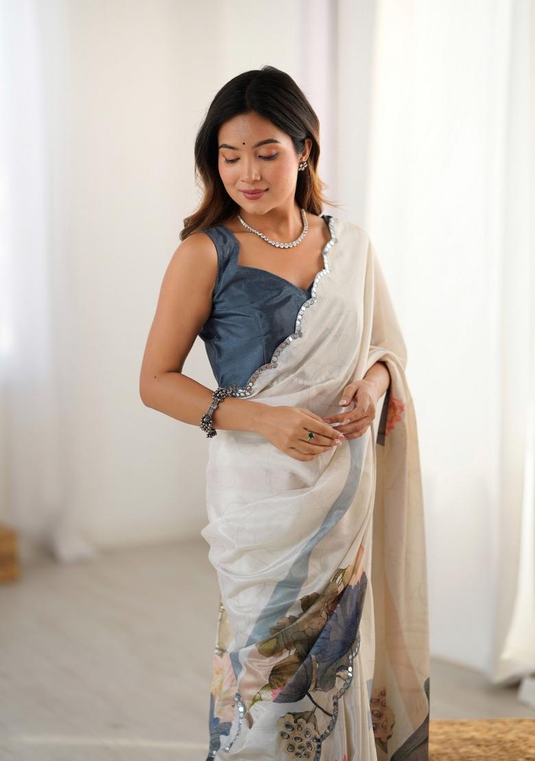 Cream Printed Chinon Saree Set - Indya