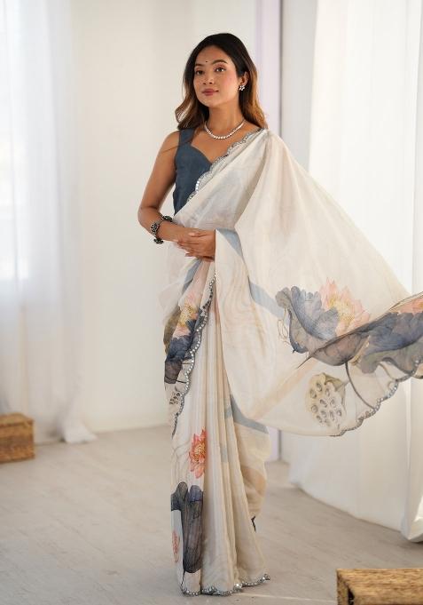 Cream Printed Chinon Saree Set