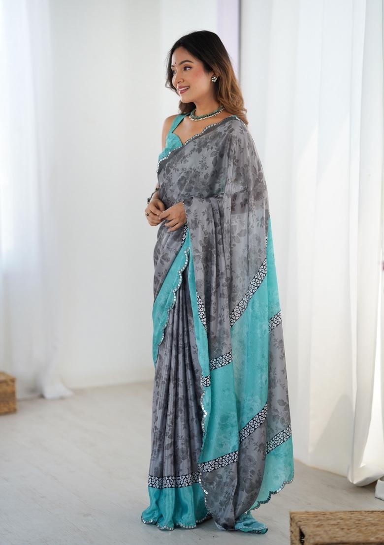 Grey Printed Chinon Saree Set - Indya