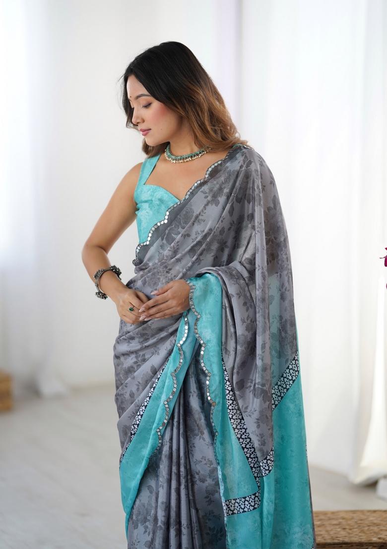 Grey Printed Chinon Saree Set - Indya
