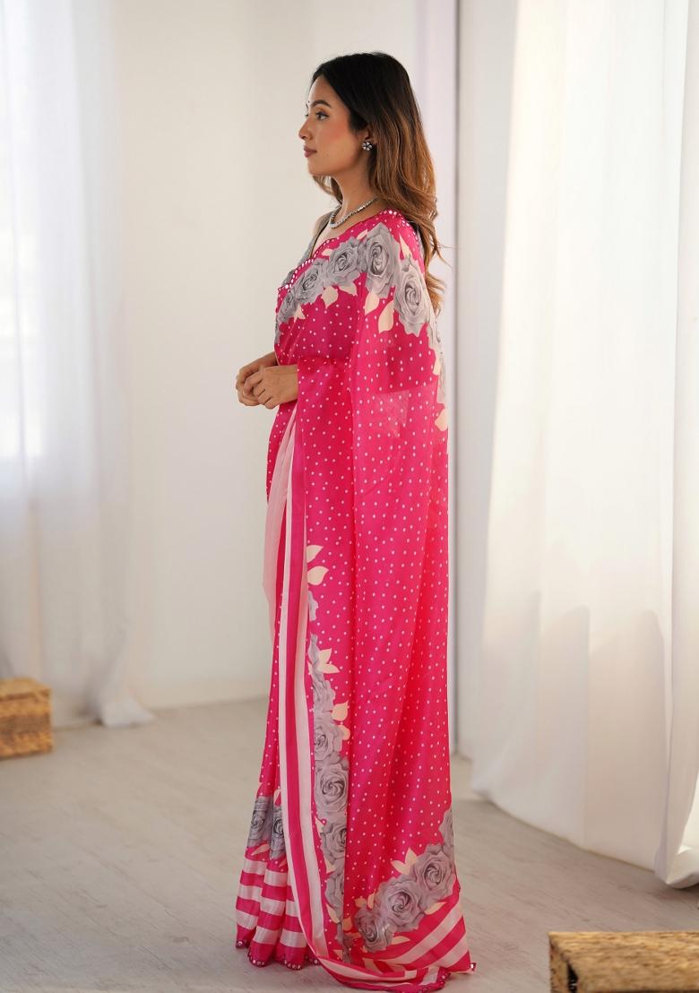 Pink Printed Chinon Saree Set - Indya