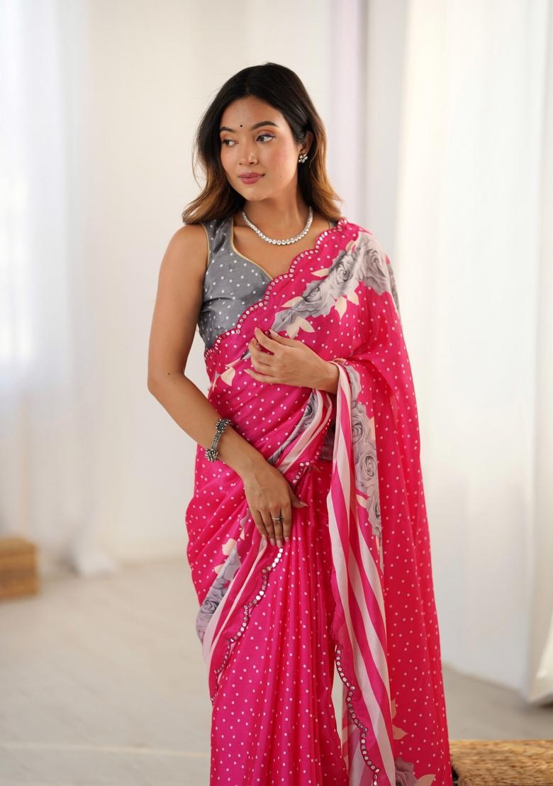 Pink Printed Chinon Saree Set - Indya