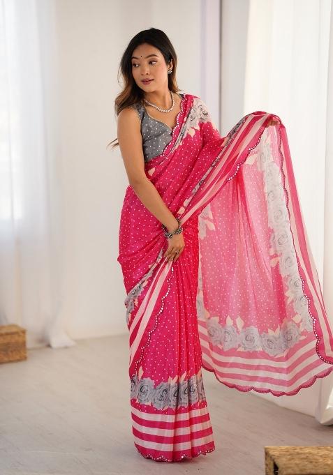 Pink Printed Chinon Saree Set