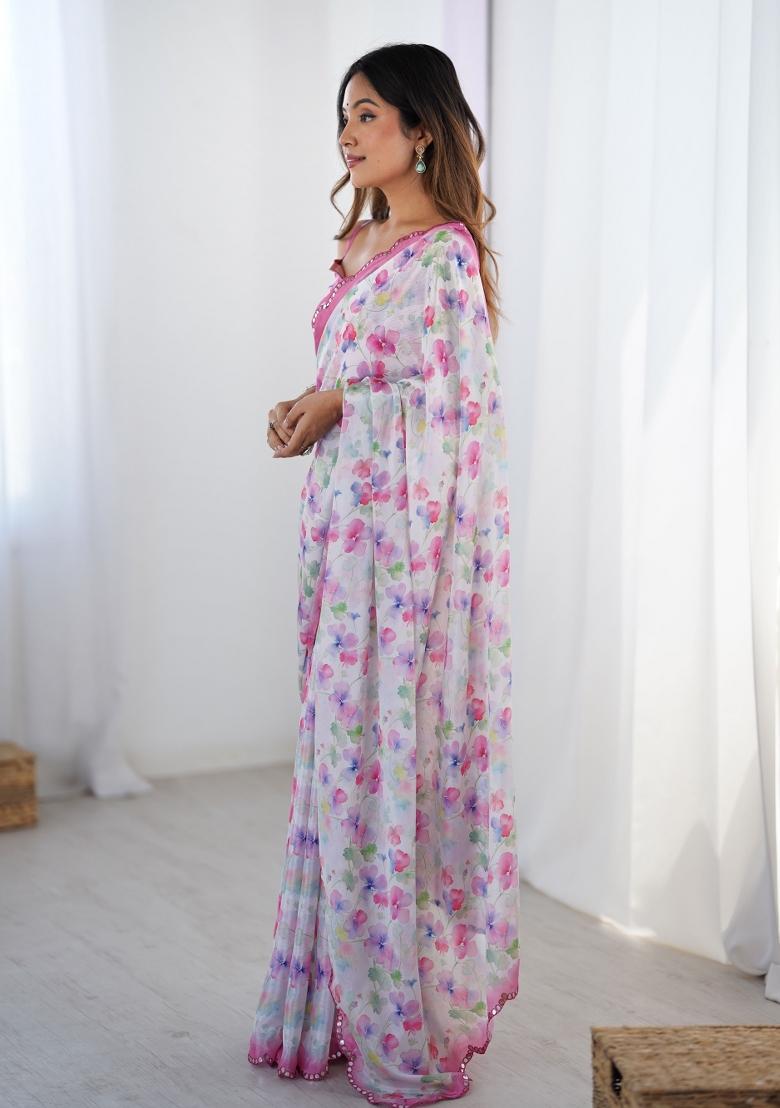 Off White Printed Chinon Saree Set - Indya