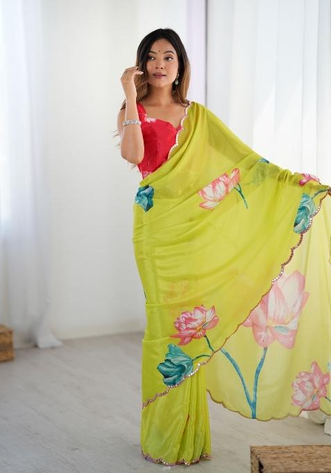 Green Printed Chinon Saree Set