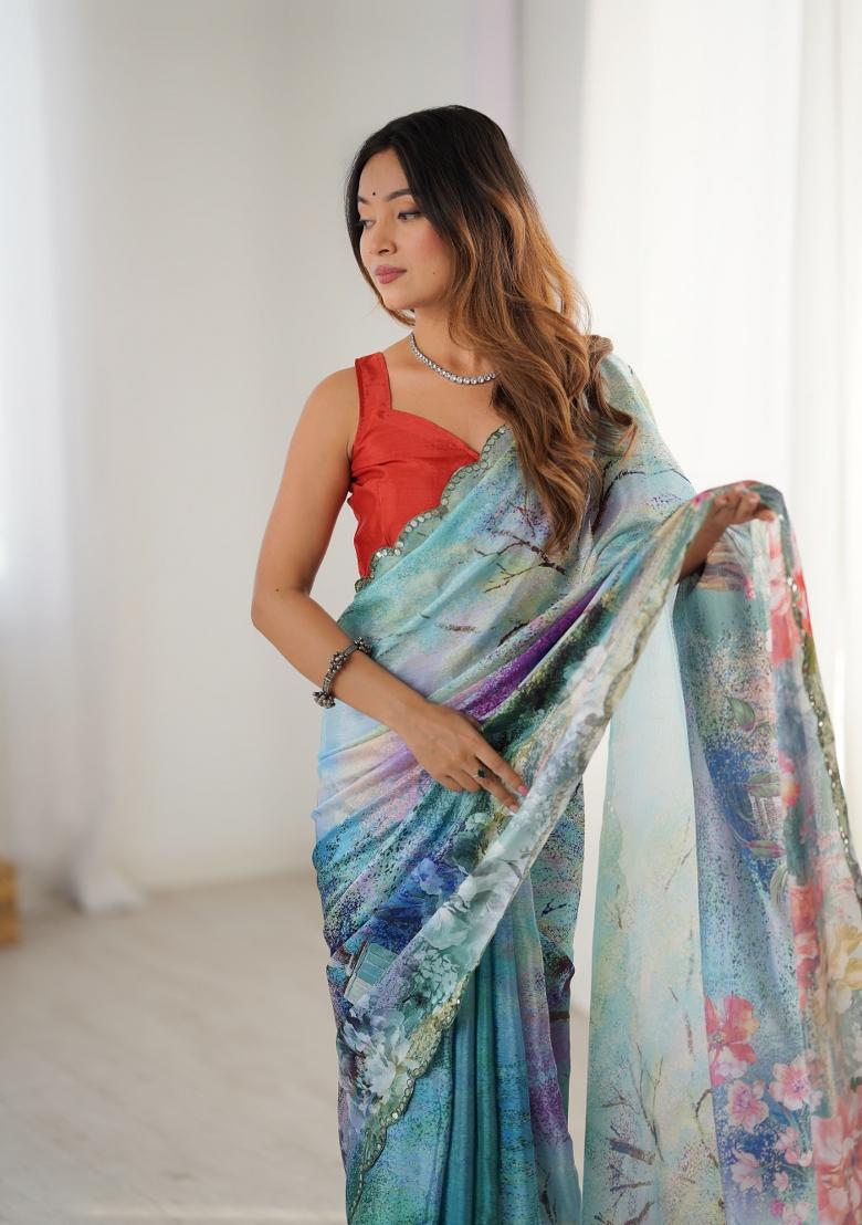Sea Green Printed Chinon Saree Set - Indya