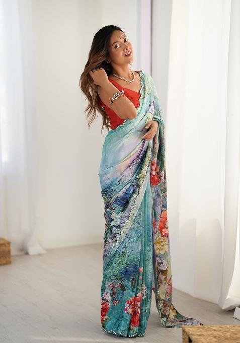 Sea Green Printed Chinon Saree Set — view on Indya