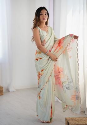 Grey Printed Chinon Saree Set