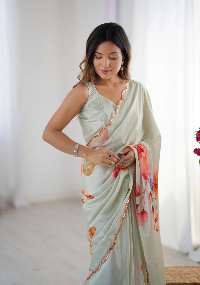 Grey Printed Chinon Saree Set - Indya