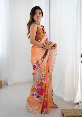 Orange Printed Chinon Saree Set