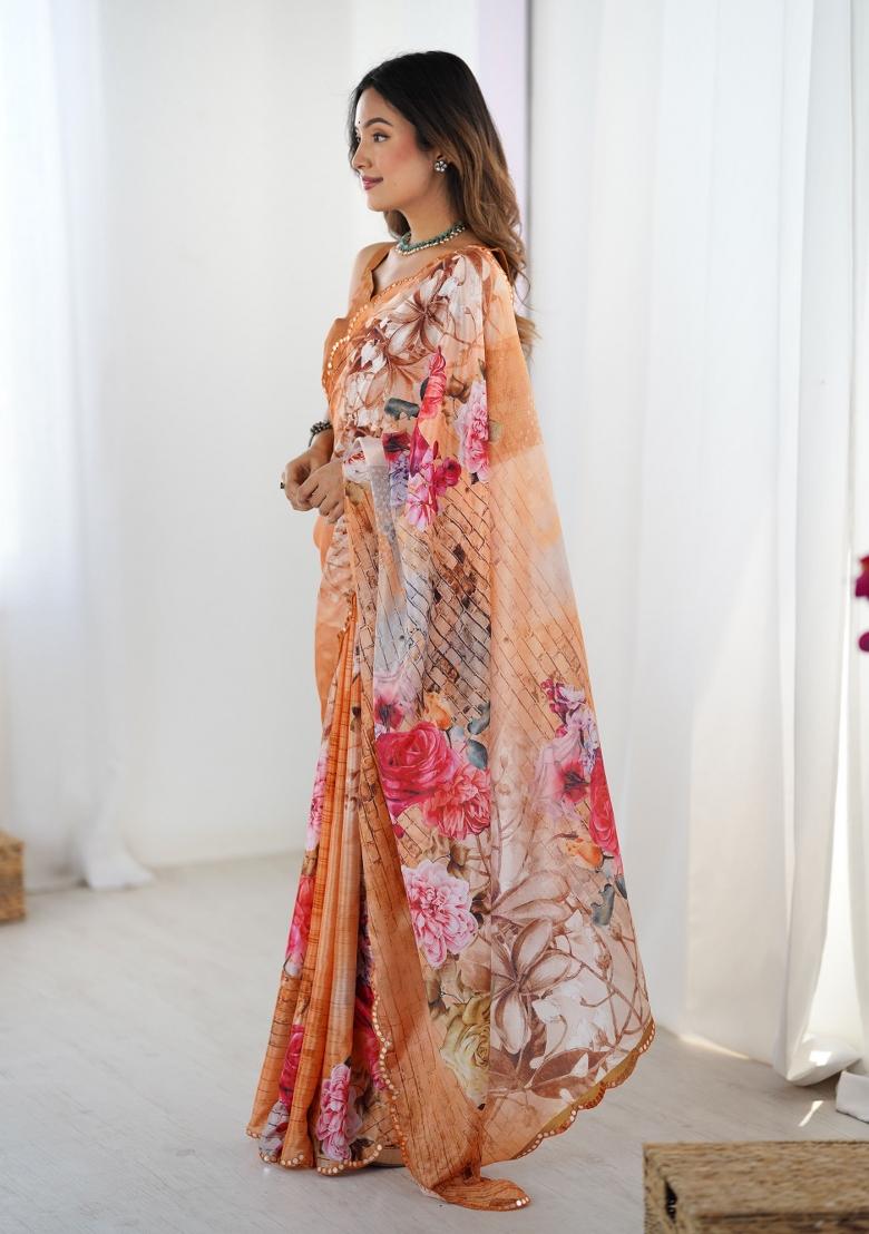 Orange Printed Chinon Saree Set - Indya