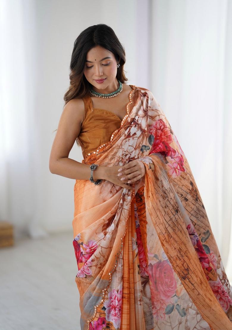 Orange Printed Chinon Saree Set - Indya