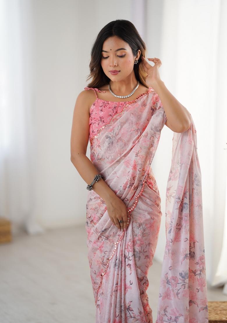 Pink Printed Chinon Saree Set - Indya