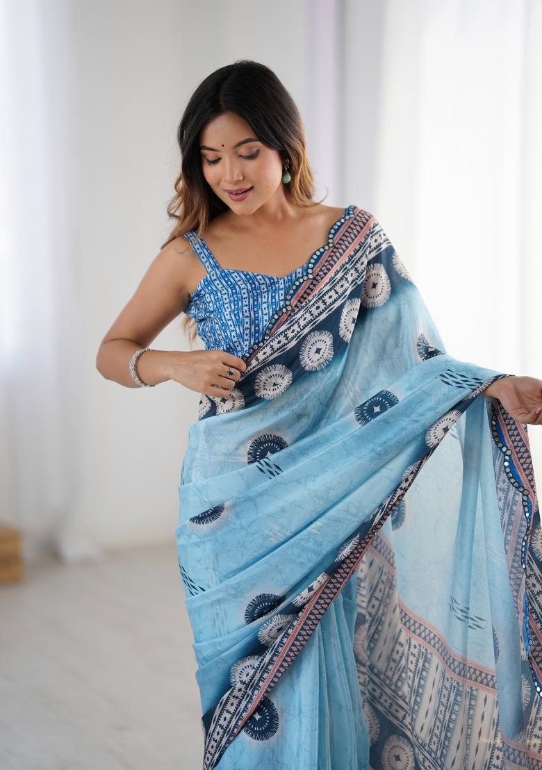 Blue Printed Chinon Saree Set - Indya