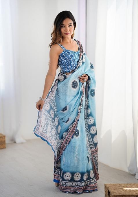 Blue Printed Chinon Saree Set — view on Indya