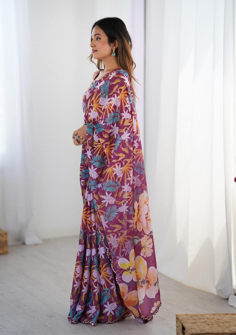 Wine Printed Chinon Saree Set - Indya