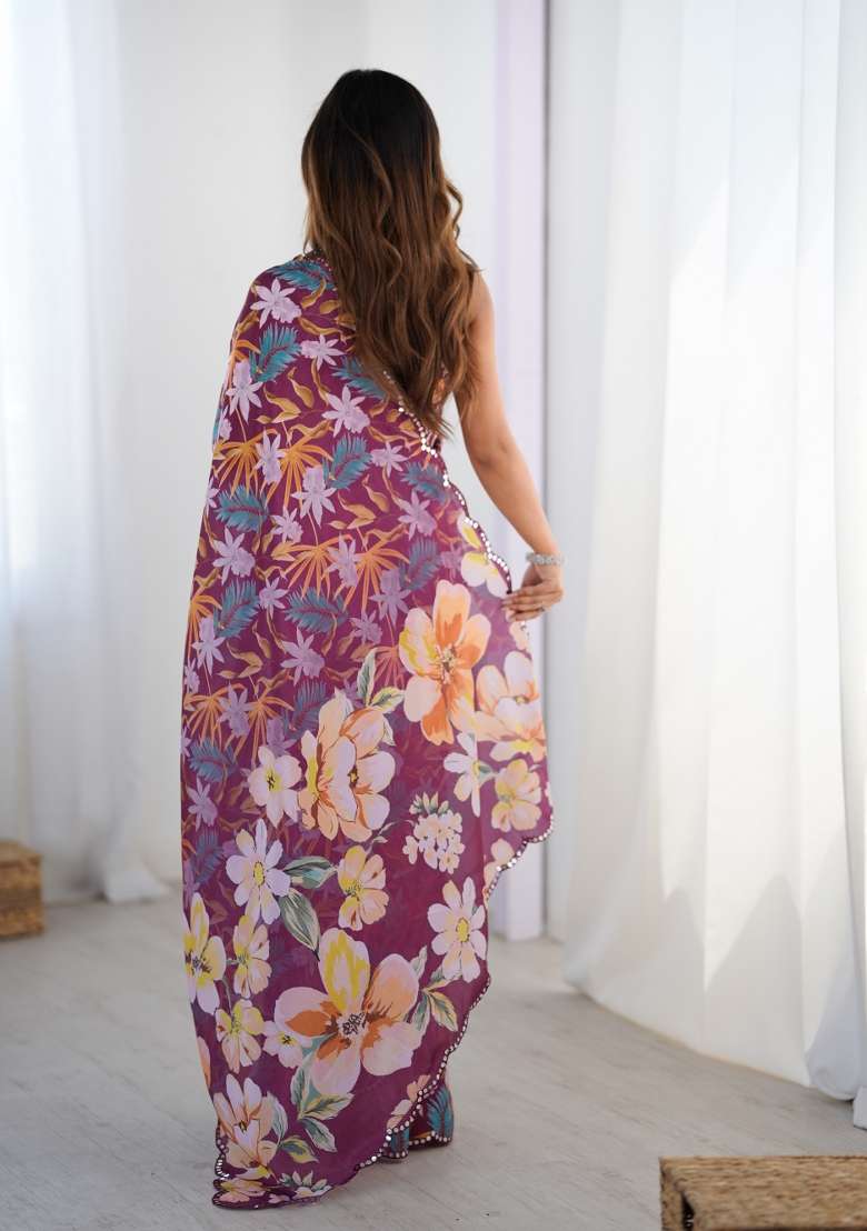 Wine Printed Chinon Saree Set for Diwali and Festive Wear - Indya