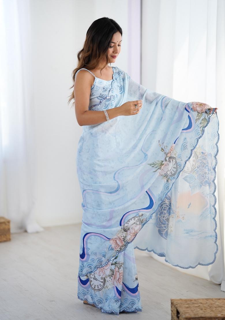 Sky Blue Printed Chinon Saree Set - Indya