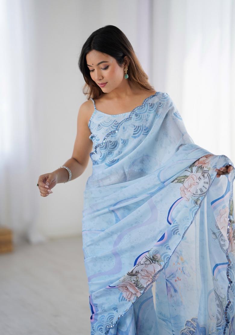 Sky Blue Printed Chinon Saree Set - Indya
