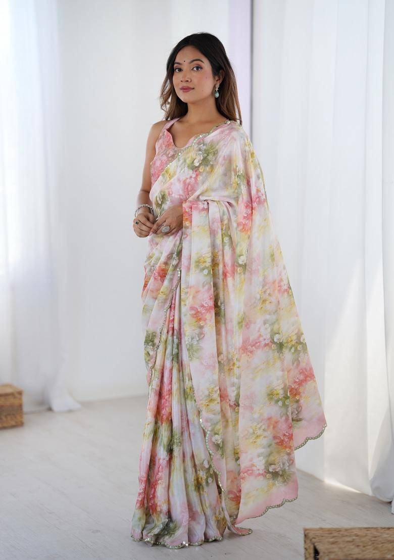 Pink Printed Chinon Saree Set - Indya
