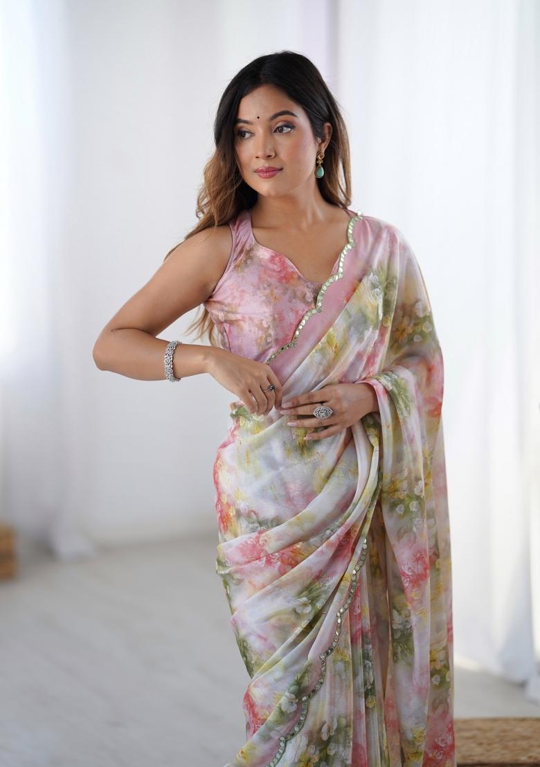 Pink Printed Chinon Saree Set - Indya