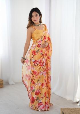 Orange Printed Chinon Saree Set