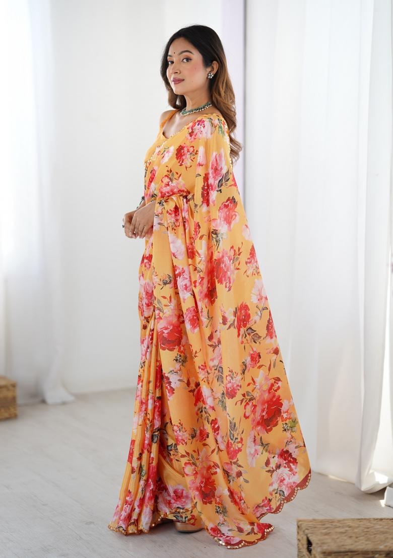 Orange Printed Chinon Saree Set - Indya