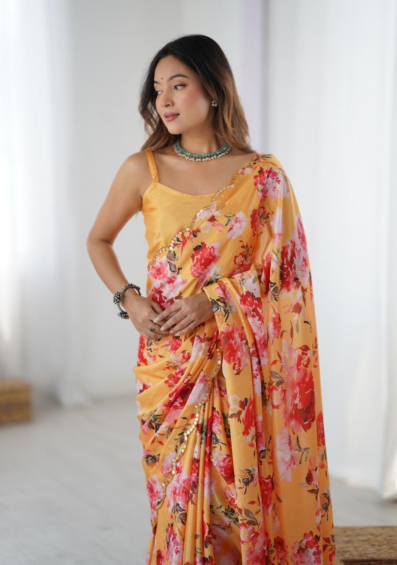 Orange Printed Chinon Saree Set - Indya