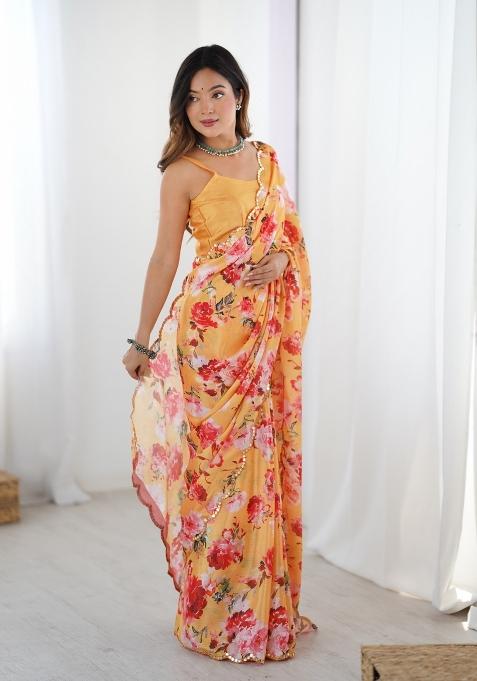 Orange Printed Chinon Saree Set