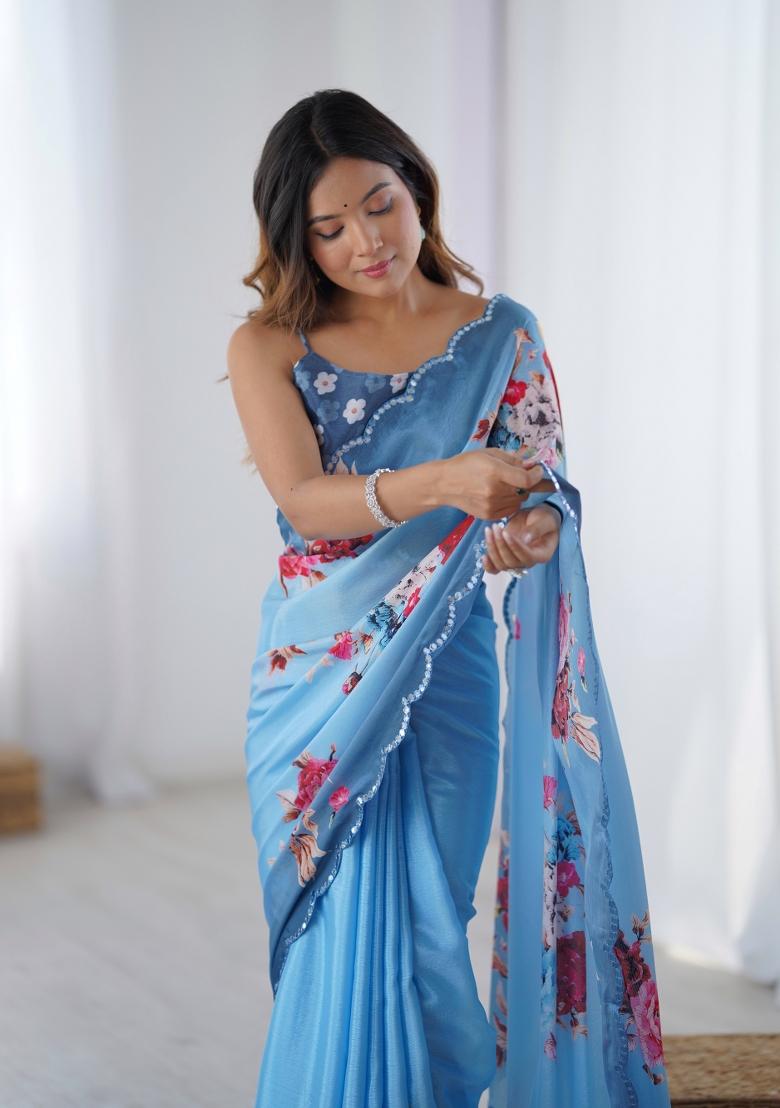Blue Printed Chinon Saree Set - Indya