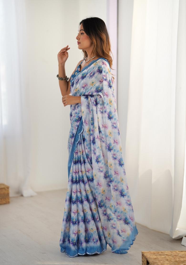 Blue Printed Chinon Saree Set - Indya