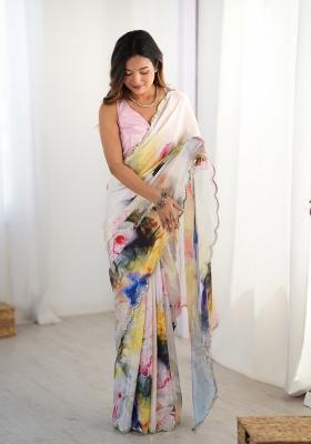 Multicolor Printed Chinon Saree Set