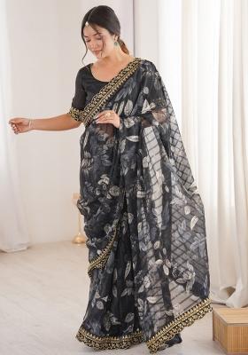 Black Printed Marble Saree Set