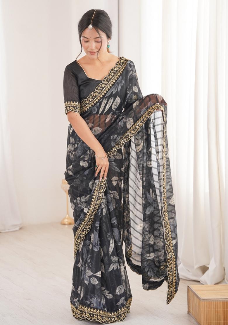 Black Printed Marble Saree Set - Indya