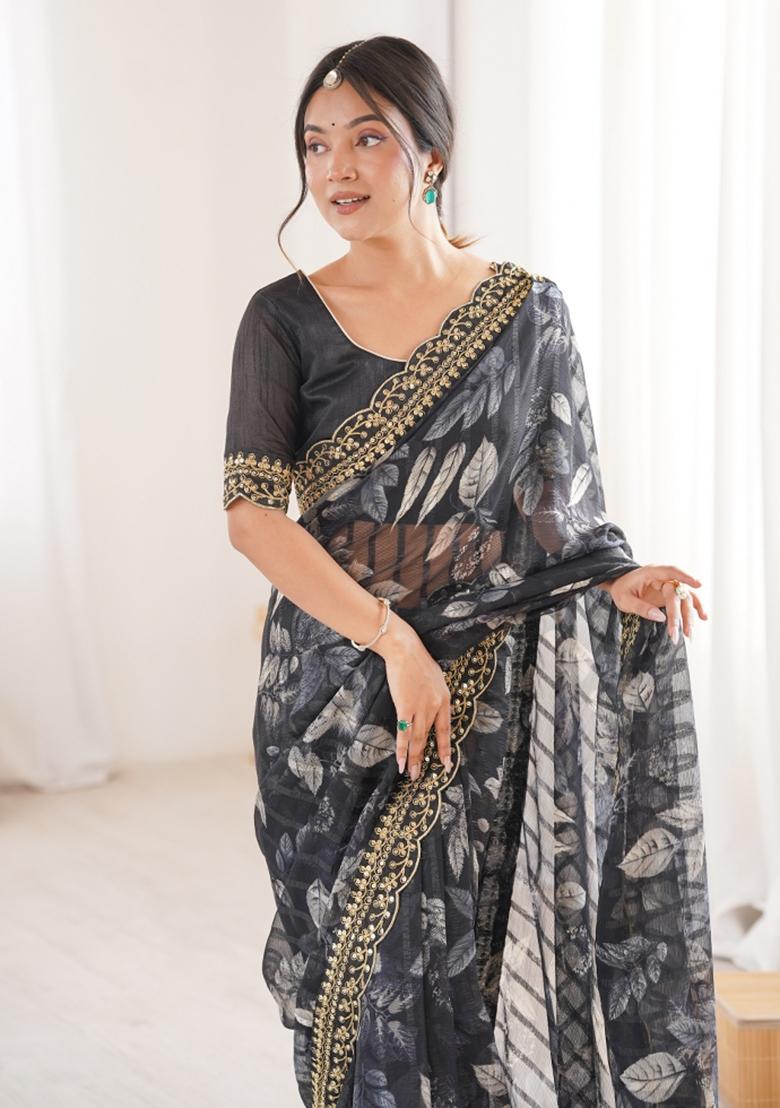 Black Printed Marble Saree Set - Indya